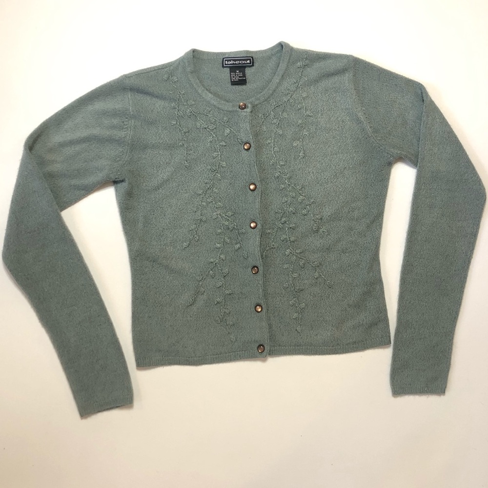 TakeOut Green Floral Embellished Cardigan Sweater